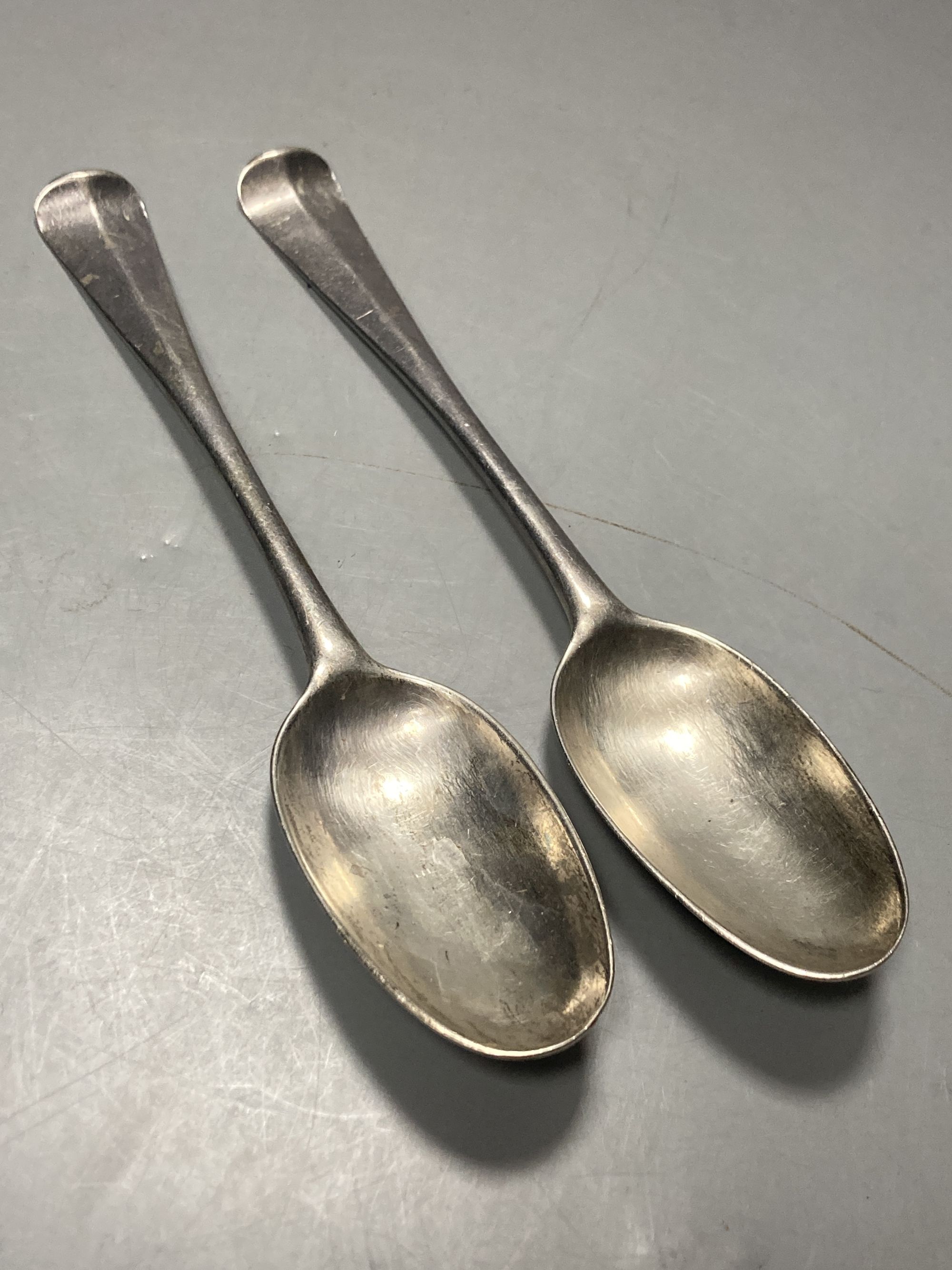A pair of George II Irish silver Hanovarian pattern table spoons by Alexander Richards?, Dublin, 1739/40, 21cm, 140 grams.